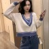 V-Neck Contrast Long-Sleeved Cropped Sweater NSFYF86036