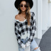 Strapless V-neck Knitted Ripped Checkered Loose Sweater nihaostyles clothing wholesale NSYH86766