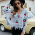 V-Neck Cherry Jacquard Loose Pullover Sweater NSYH86777