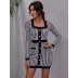 Long-Sleeved Sewing Button Jacquard Houndstooth Bandage Dress NSXIA87396
