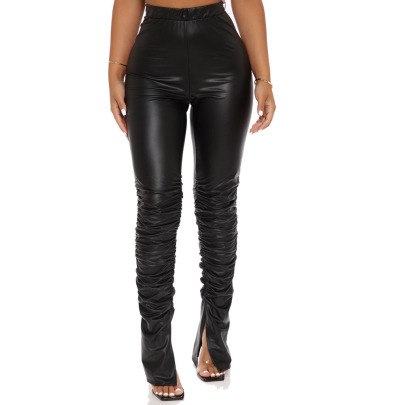 Autumn Tight Wrinkled High Waist Stretch Split PU Leather Pants Nihaostyles Wholesale Clothing NSYMA82026
