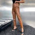 brown PU leather micro-elastic drawstring leggings nihaostyles wholesale clothing NSGHW90606