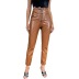 brown PU leather micro-elastic drawstring leggings nihaostyles wholesale clothing NSGHW90606