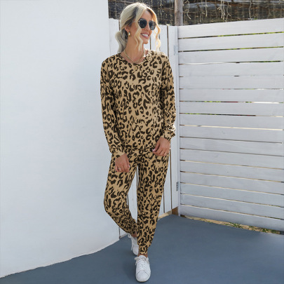 Leopard Print Long-sleeved Round Neck Top Pants With Pockets Set Nihaostyles Clothing Wholesale NSMDS91009