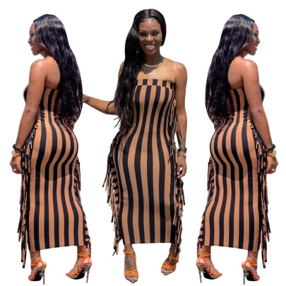 Sexy Stripped Printed Tube Top With Tassels On Both Sides Dress Nihaostyles Wholesale Clothing NSRM91058