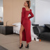 square neck wrapped breast high slit mid-length puff sleeves dress nihaostyles clothing wholesale NSWX91584