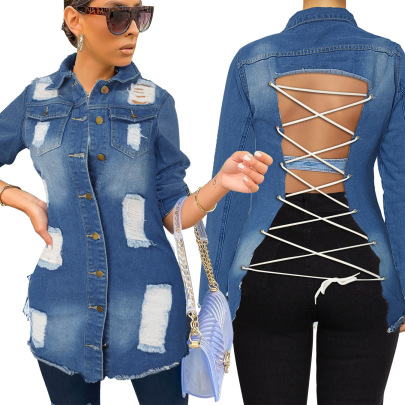 Strappy Long Sleeve Denim Jacket Nihaostyles Wholesale Clothes NSWL91718