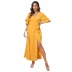 Solid Color Lace-Up Lotus Sleeve V-Neck Dress NSWCJ92256
