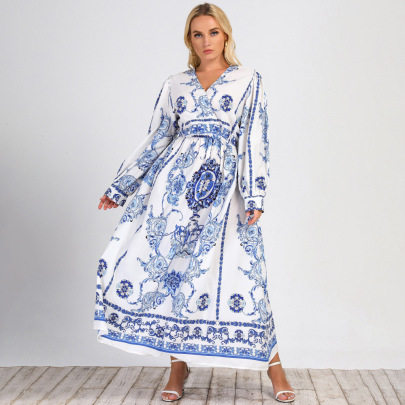 Plus Size V-neck Long-sleeved Lace-up Dress Nihaostyles Clothing Wholesale NSWCJ92404