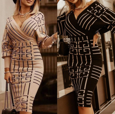 Striped V-neck Long-sleeved High-waisted Dress Nihaostyles Wholesale Clothes NSJC91940