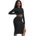 autumn and winter long-sleeved ribbed hollow top and pencil split skirt two-piece set nihaostyles wholesale clothing NSGYG93121