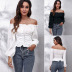spring and summer lantern sleeved one-line neck lace-up short chiffon top nihaostyles wholesale clothing NSGBS93438