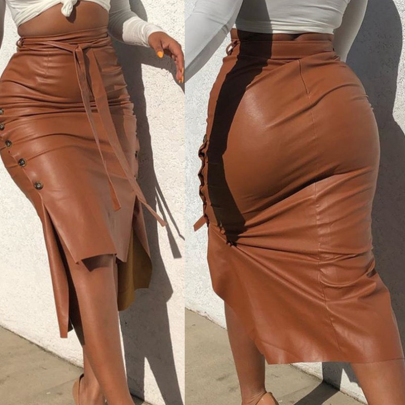  PU Leather High-waist Package Hip Slit Skirt Nihaostyles Wholesale Clothing NSJC94056