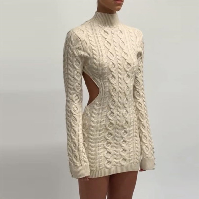Solid Color Round Neck Long-Sleeved Slim Package Hip Knitted Sweater Dress NSSS94305