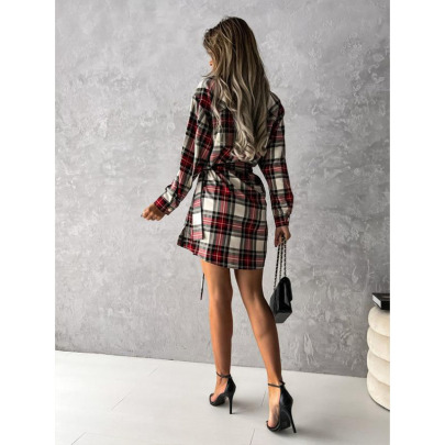 Autumn And Winter Long-sleeved Lapel Plaid Lace-up Shirt Dress Nihaostyles Wholesale Clothing NSXIA88811