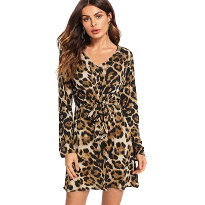 Leopard Print Deep V-neck Knotted Open Back Long-sleeved Dress Nihaostyles Clothing Wholesale NSJIM96458