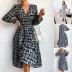 V-Neck Long-Sleeved Print Slim Dress NSSUO95813