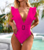Solid Color V-Neck Belted Ruffled One-Piece Swimsuit NSCMB95364