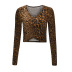 autumn long-sleeved V-neck exposed navel leopard T-shirt nihaostyles wholesale clothing NSAFH95465