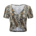 Short-Sleeved V-Neck Leopard Snake Print Short T-Shirt NSAFH95872