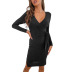 Black Retro Long Sleeve V-Neck Knotted Dress NSDMB95926