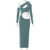 Solid Color Oblique Shoulder Hollow Slim Long-Sleeved Dress NSMG96514