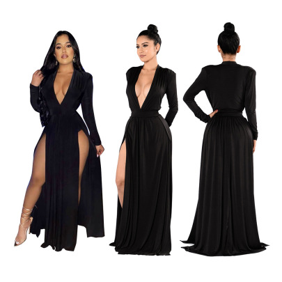 Sexy Black Deep V Long-sleeved High Slip Banquet Dress Nihaostyles Wholesale Clothing NSFDD96593