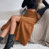 Brown High-Waist Straight A-Line Slit Woolen Skirt NSXIA100963