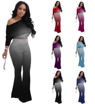 Gradient Color Oblique Shoulder Top And Flared Pants Two-piece Set Nihaostyles Wholesale Clothing NSBTY96953