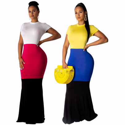 Stitching Multi-color Slim Dress Nihaostyles Wholesale Clothes NSSJW96961