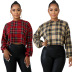 Round Neck Long-Sleeved Striped Plaid Pullover Top NSSJW96963