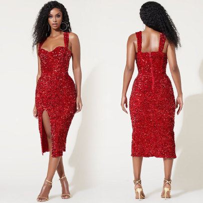 Mid-waist Red Strap Sequins Dress Nihaostyles Wholesale Clothes NSXHX96997