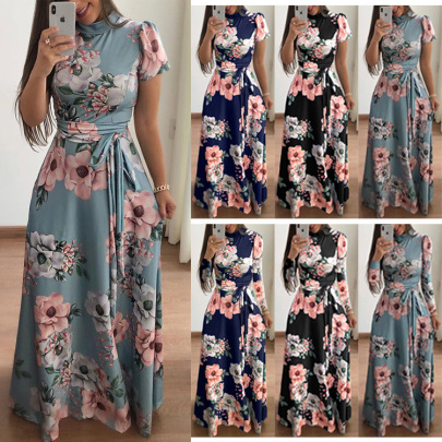 Autumn Long-sleeved Flower Print Lace-up Big Swing Dress Nihaostyles Wholesale Clothing NSXPF97005