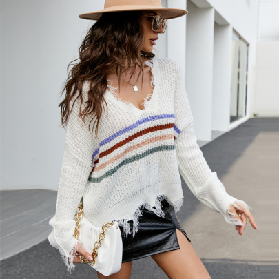 V-neck Striped Loose Sweater Nihaostyles Wholesale Clothes NSYH97053