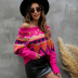 Raglan Sleeve Geometric Jacquard Contrast Color Loose Sweater NSYH97058