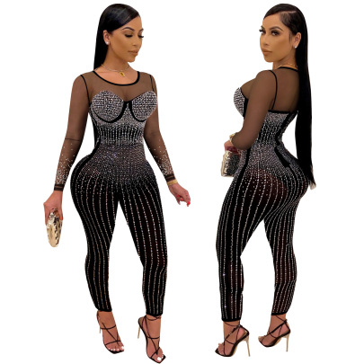 See-through Hot Drilling Jumpsuit Nihaostyles Wholesale Clothes NSWNY97175