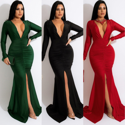 Solid Color V-neck Slim Front Slit Dress Nihaostyles Clothing Wholesale NSWNY97186