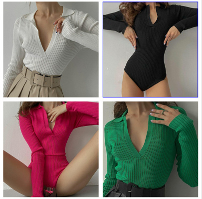 Solid Color Tight Lapel Deep V Long-sleeved Knitted Sweater Jumpsuit Nihaostyles Wholesale Clothing NSKAJ97230