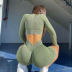 Green Solid Color High Elastic Long Sleeve Top & Shorts Yoga Set NSKAJ97243