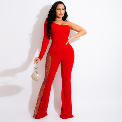 One-shoulder And One-sleeve Hot Diamond Jumpsuit Nihaostyles Wholesale Clothes NSWNY97343