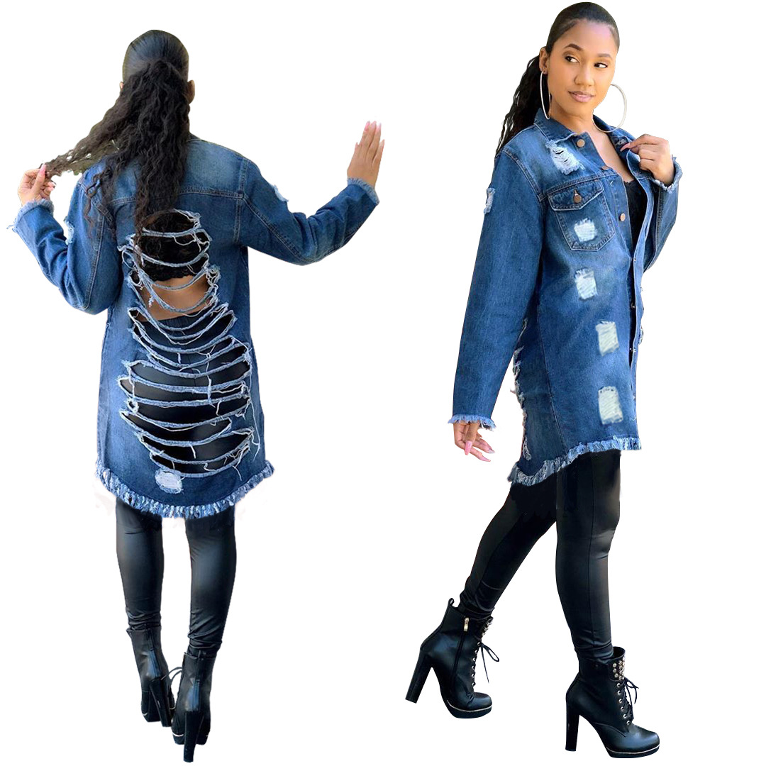 Mid-Length Ripped Denim Jacket NSWL97435