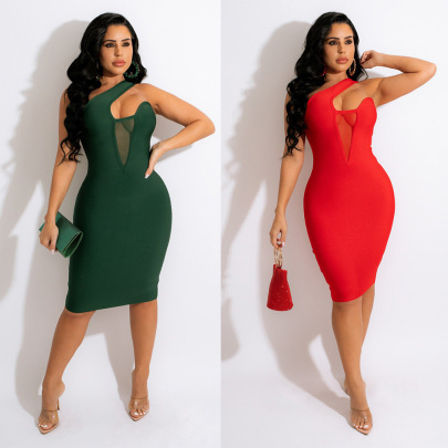 Sexy Sleeveless Wrapped Chest Perspective Mesh Stitching Tight Dress Nihaostyles Wholesale Clothing NSTYF97528