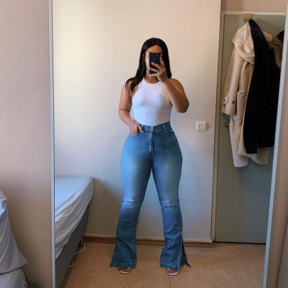 Plus Size High-Waist Slim-Fit Split Flared Jeans NSWL97547