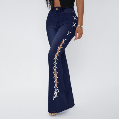 Plus Size High Slit Strappy Flared Jeans Nihaostyles Wholesale Clothes NSWL97564