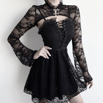 Diablo Style  Trumpet Sleeve Stand-up Collar Smock And V-inner Tight Long-sleeved See-through Lace Dress Nihaostyles Wholesale Clothing NSGYB97741