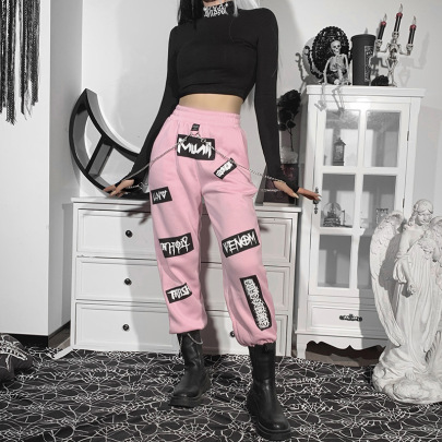 Winter High Waist Letter Print Chain Decorated Sweatpants Nihaostyles Wholesale Clothing NSGYB97803