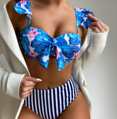 Sexy Floral Striped Print Split Bikini 2 Piece Swimsuit NSCMB97582