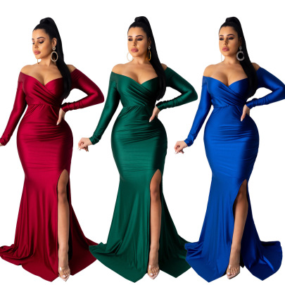  Solid Color Sexy V-neck Mopping Slit Long Dress Nihaostyles Wholesale Clothing NSALI98321