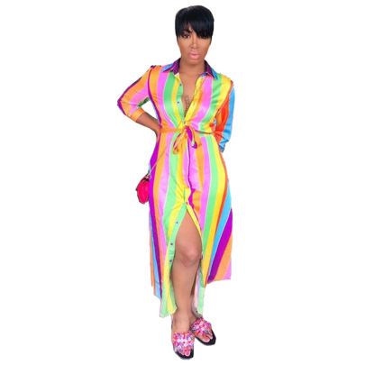 Autumn Rainbow Striped Lace-up Slit Shirt Dress Nihaostyles Wholesale Clothing NSALI98327