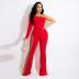 Oblique Shoulder Pure Red Rhinestone Side Perspective Jumpsuit NSCYF98367